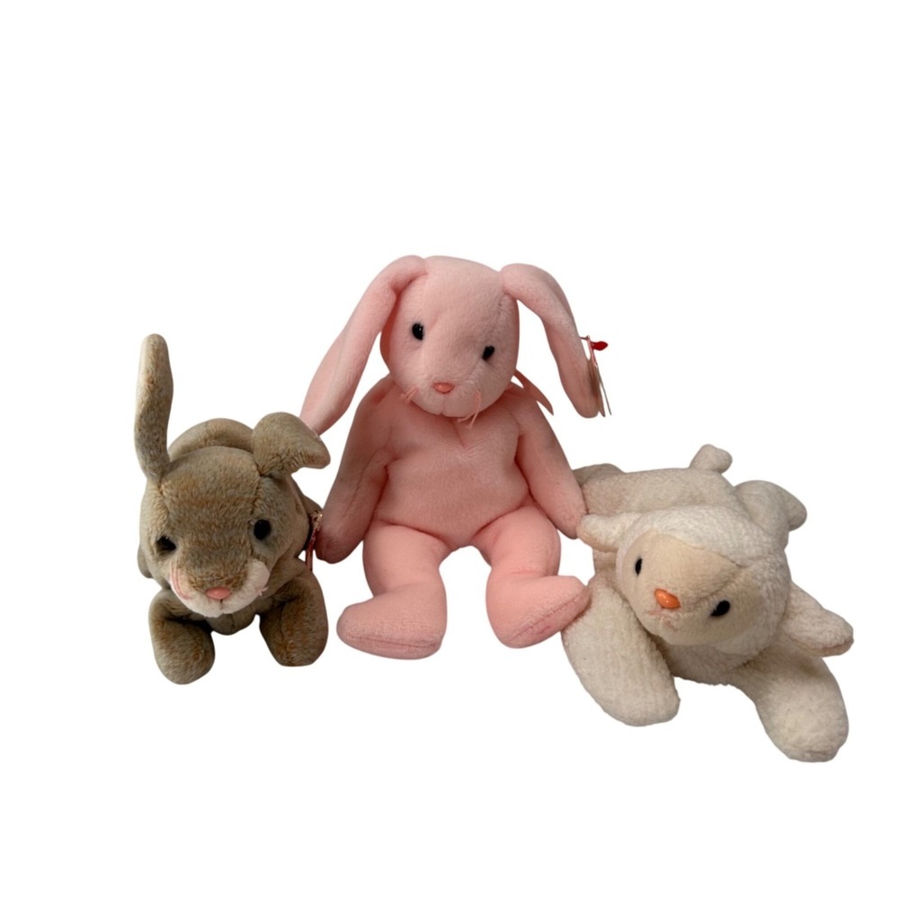 Vintage Ty Beanie Babies Lot Of 3 Plush Hoppity Fleece‎ Nibbly Easter Bunny Lamb